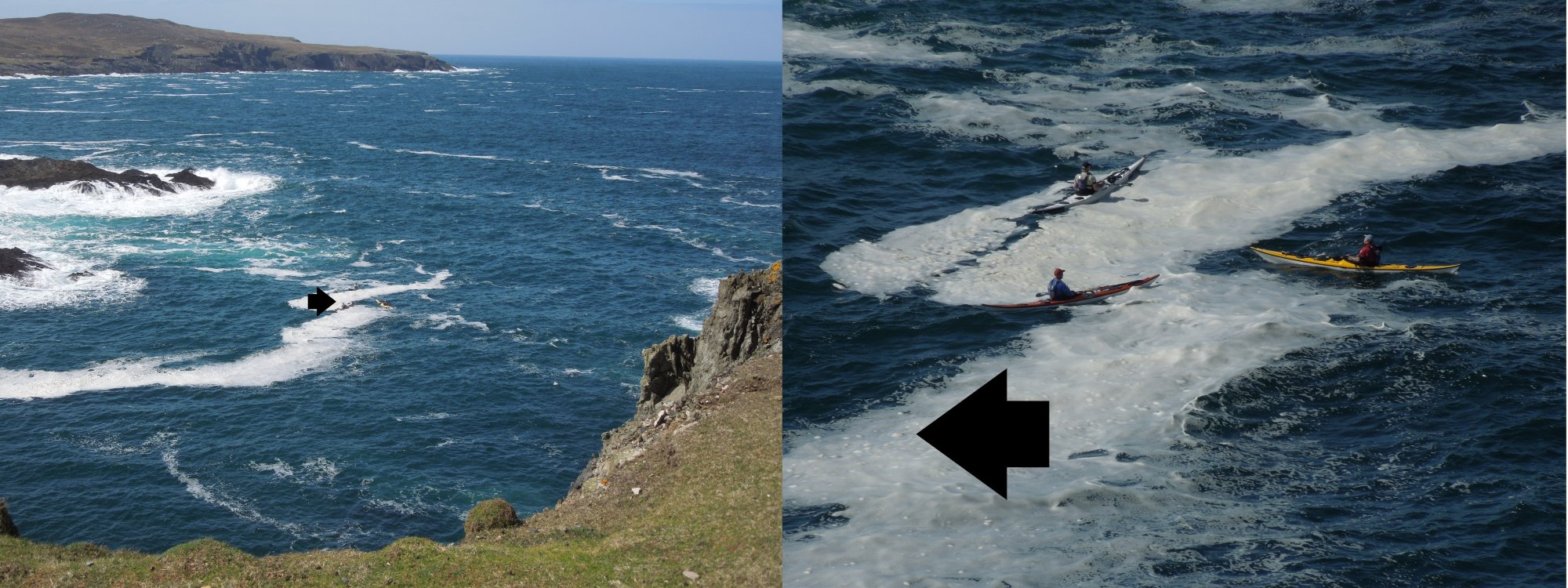 Arrow on left marks sea kayakers off Dunmore Head with Inishark in the left background