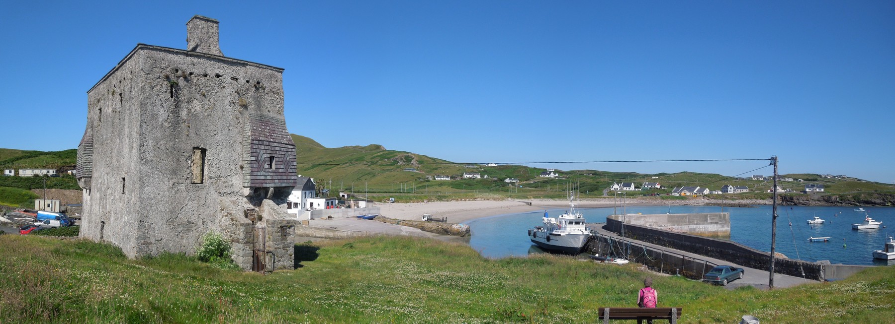 Grinne Uaile's (1530 - 1603) tower house with the main harbour and beach