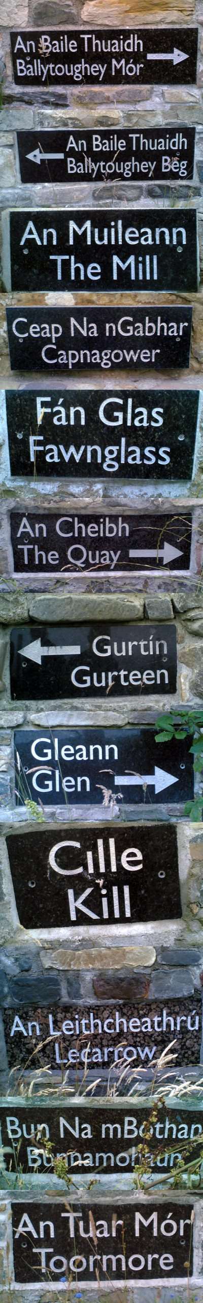 Placename signs on Clare Island - All but Quay, Gurteen and The Mill are townland names as listed in the New Survey of Clare Island - Volume 1. Missing are signs for the townlands of Maum and Strake.