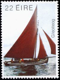 Stamp celebration traditional Connemara boats Plus a detail from the small church on McDara's Island